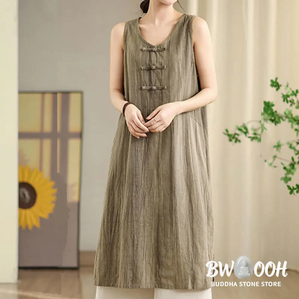 Buddha Stones Tie Dye Chinese Frog-Button Ramie Linen Sleeveless Midi Dress With Pockets - Midi Dress