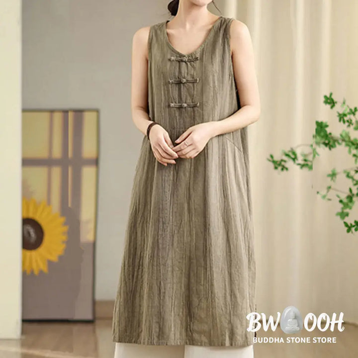 Buddha Stones Tie Dye Chinese Frog-Button Ramie Linen Sleeveless Midi Dress With Pockets - Midi Dress