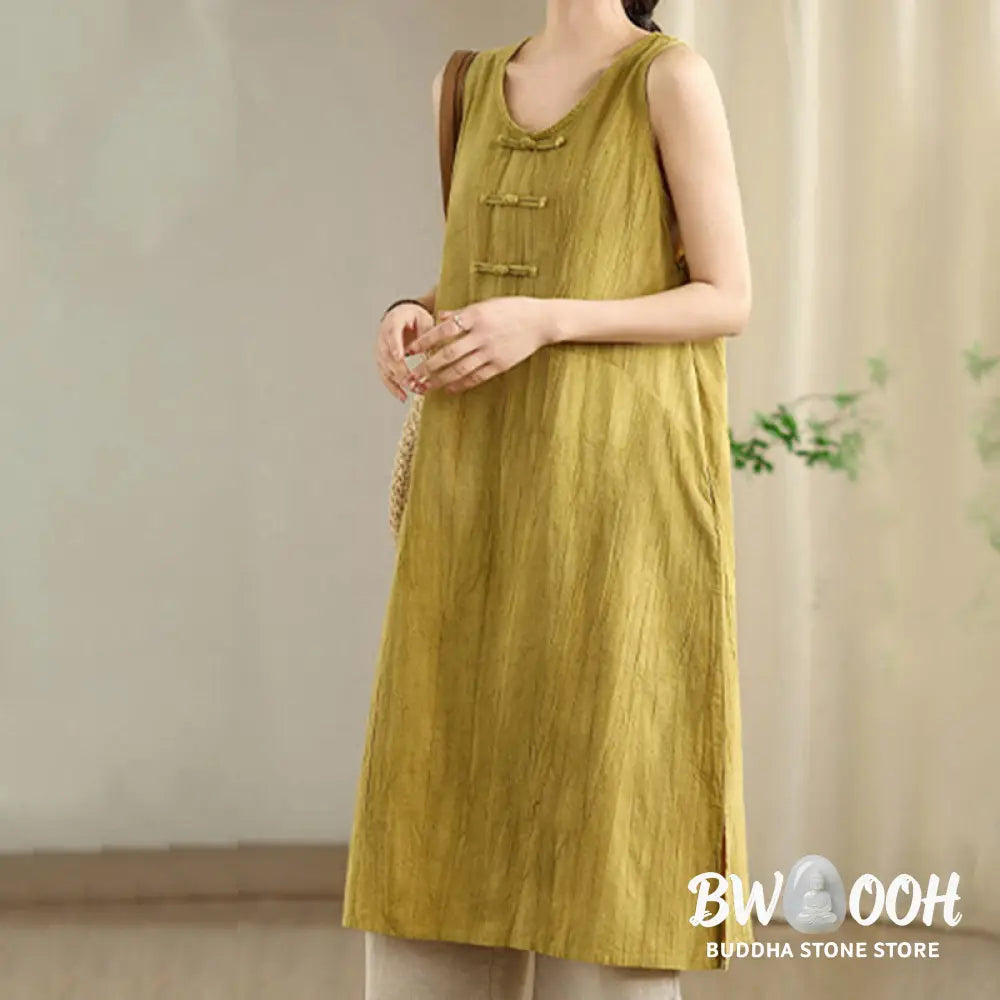 Buddha Stones Tie Dye Chinese Frog-Button Ramie Linen Sleeveless Midi Dress With Pockets - Midi Dress