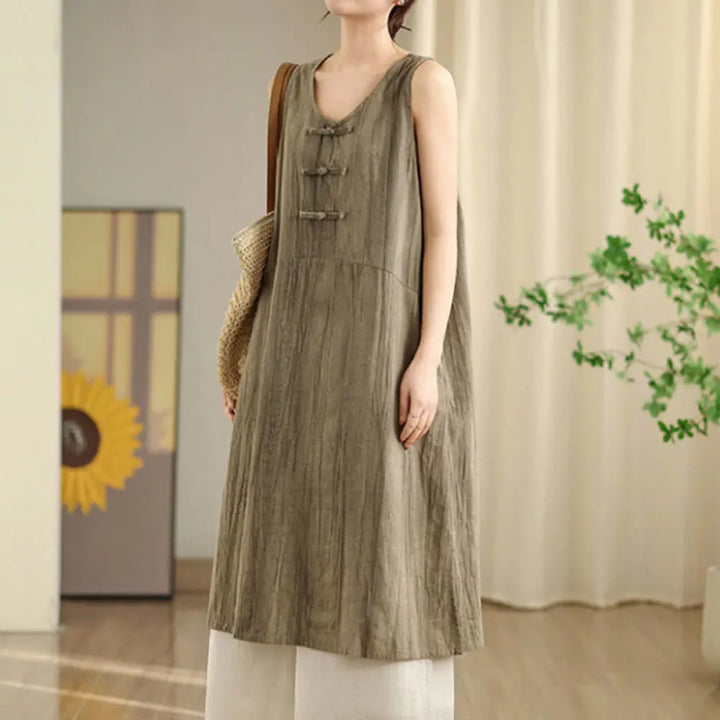 Buddha Stones Tie Dye Chinese Frog-Button Ramie Linen Sleeveless Midi Dress With Pockets - DarkKhaki / US4，UK/AU8，EU36