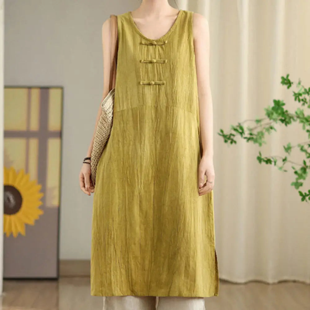 Buddha Stones Tie Dye Chinese Frog-Button Ramie Linen Sleeveless Midi Dress With Pockets - Gold / US4，UK/AU8，EU36 (L)