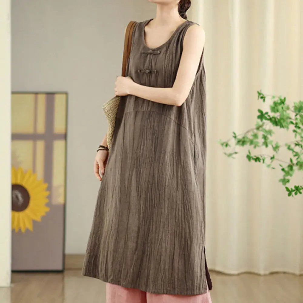 Buddha Stones Tie Dye Chinese Frog-Button Ramie Linen Sleeveless Midi Dress With Pockets - Tan / US4，UK/AU8，EU36 (L)