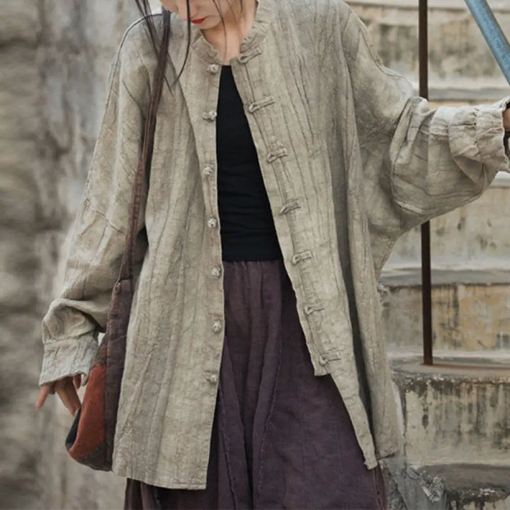 Buddha Stones Tie Dye Frog-Button Long Sleeve Zen Meditation Open Front Jacket - Beige(Top