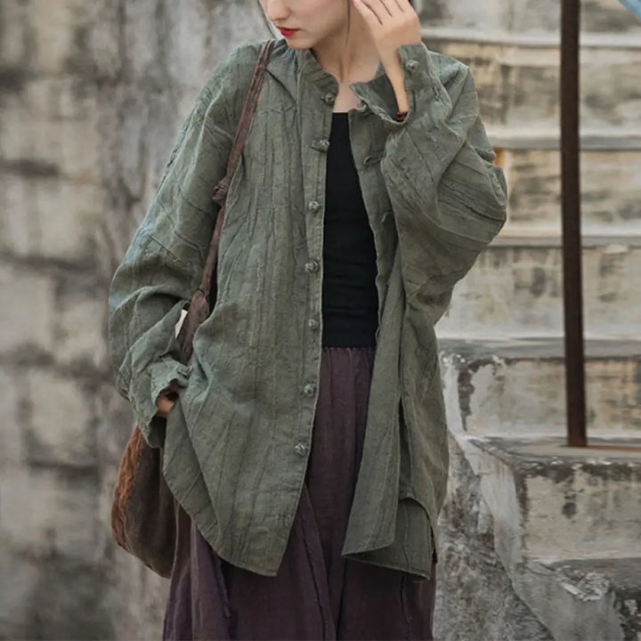 Buddha Stones Tie Dye Frog-Button Long Sleeve Zen Meditation Open Front Jacket - DarkSeaGreen(Top
