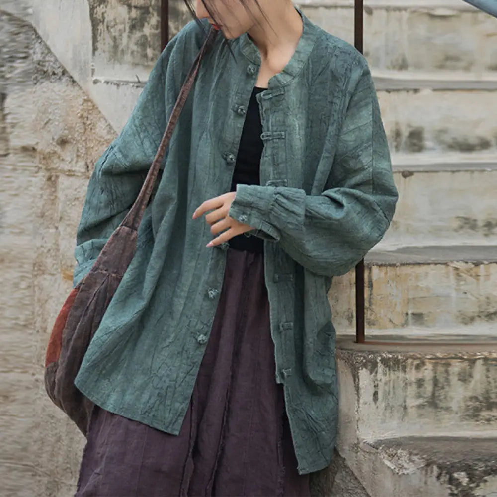 Buddha Stones Tie Dye Frog-Button Long Sleeve Zen Meditation Open Front Jacket - MediumTurquoise(Top