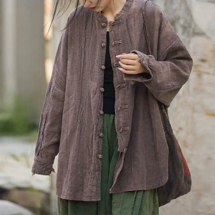 Buddha Stones Tie Dye Frog-Button Long Sleeve Zen Meditation Open Front Jacket - PaleVioletRed(Top