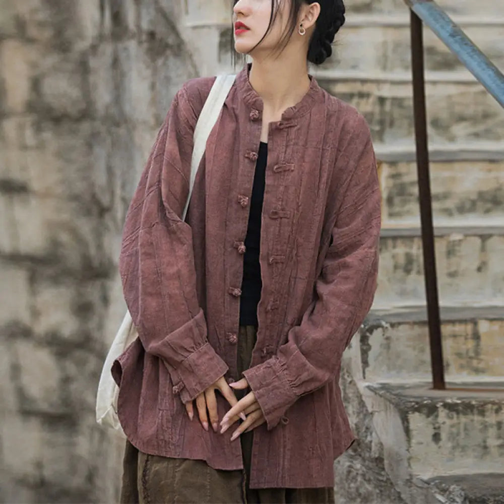 Buddha Stones Tie Dye Frog-Button Long Sleeve Zen Meditation Open Front Jacket - Red(Top Only)-US4-14，UK/AU8-18，EU36-46