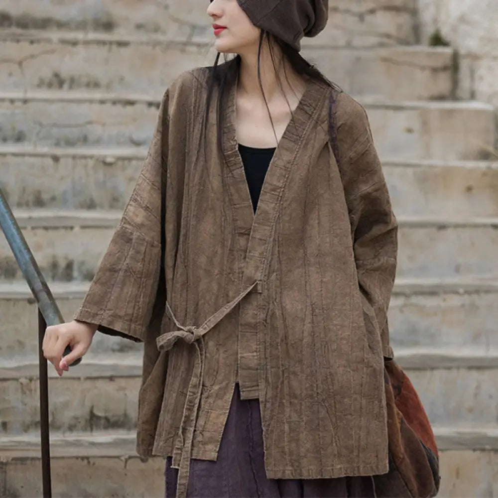 BWOOOH Tie Dye Lace-up Design Coat Zen Meditation Open Fr