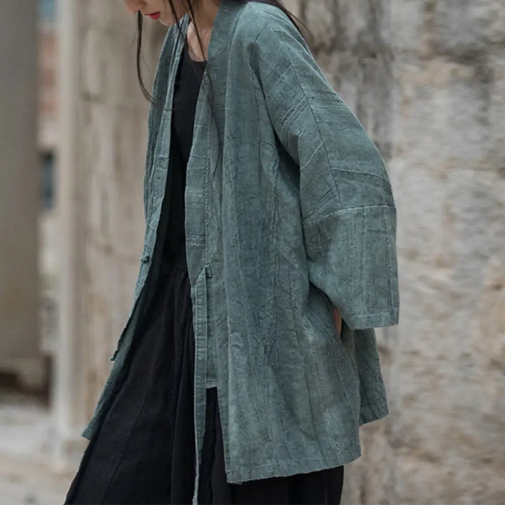 Buddha Stones Tie Dye Lace-up Design Coat Zen Meditation Open Front Top Jacket - LightCyan-US4-14，UK/AU8-18，EU36-46
