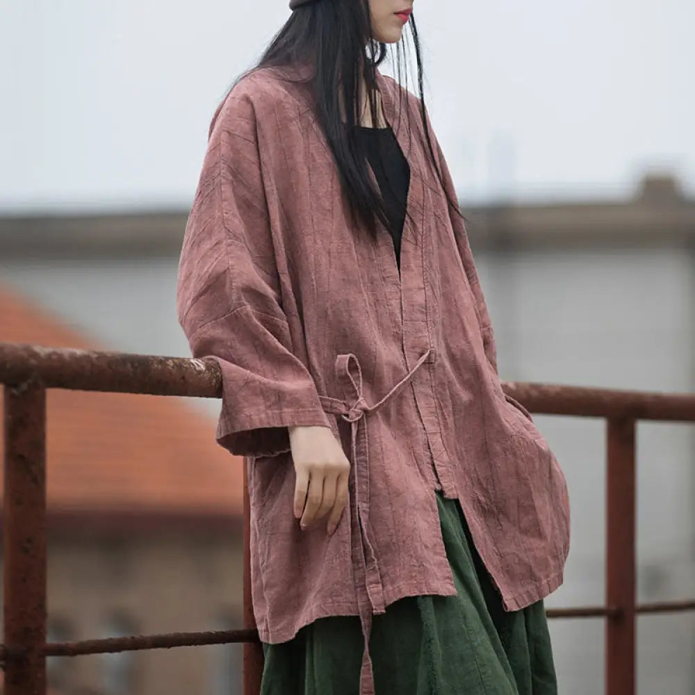 Buddha Stones Tie Dye Lace-up Design Coat Zen Meditation Open Front Top Jacket - Red-US4-14，UK/AU8-18，EU36-46 (F)-(Top