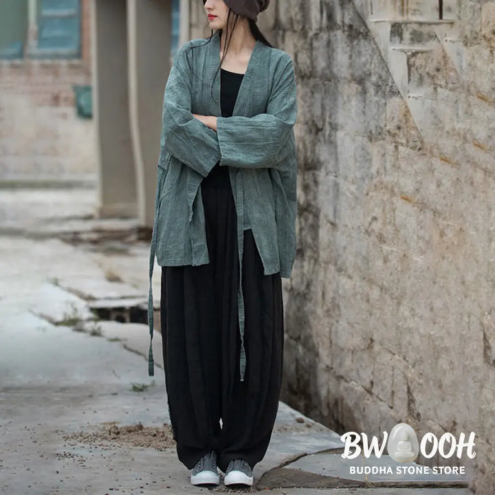 Buddha Stones Tie Dye Lace-up Design Coat Zen Meditation Open Front Top Jacket - Women’s Kimono