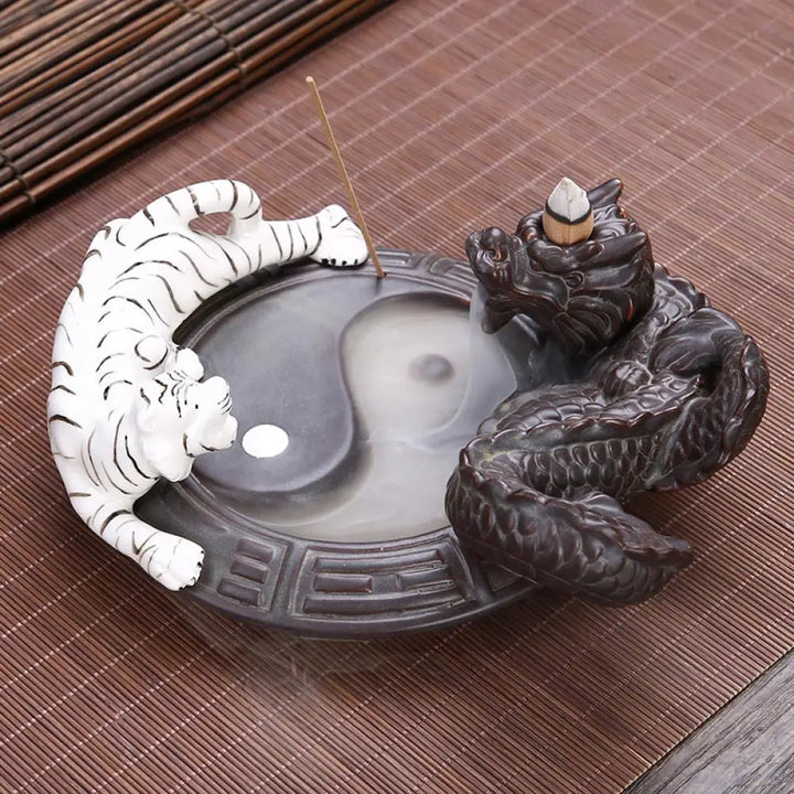 BWOOOH Tiger Dragon Backflow Smoke Fountain Ceramic Yin Yang Blessing Incense Burner Decoration - Tiger Dragon