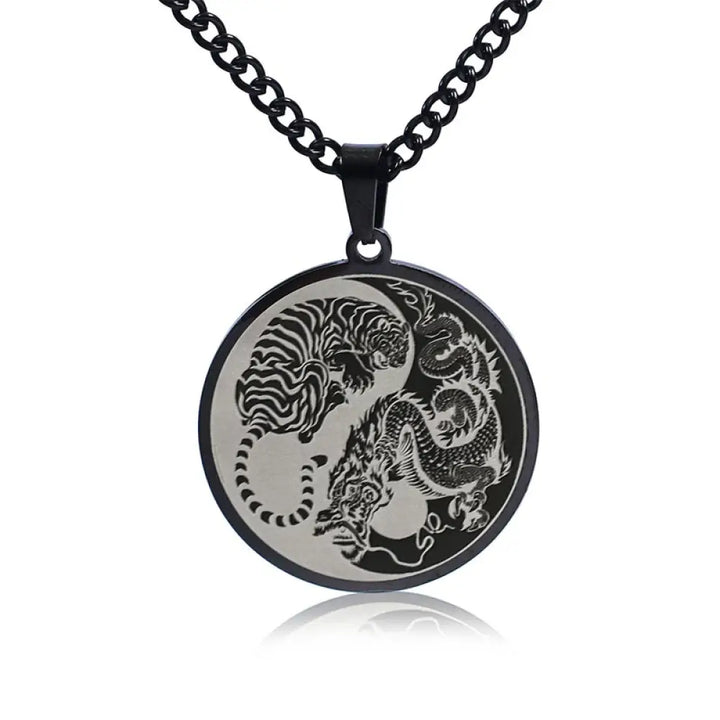 BWOOOH Tiger Dragon Harmony Pendant on a sleek Titanium Steel Chain Necklace (60cm), embodying strength, unity, and spiritual balance for positive energy and calm. - View 3