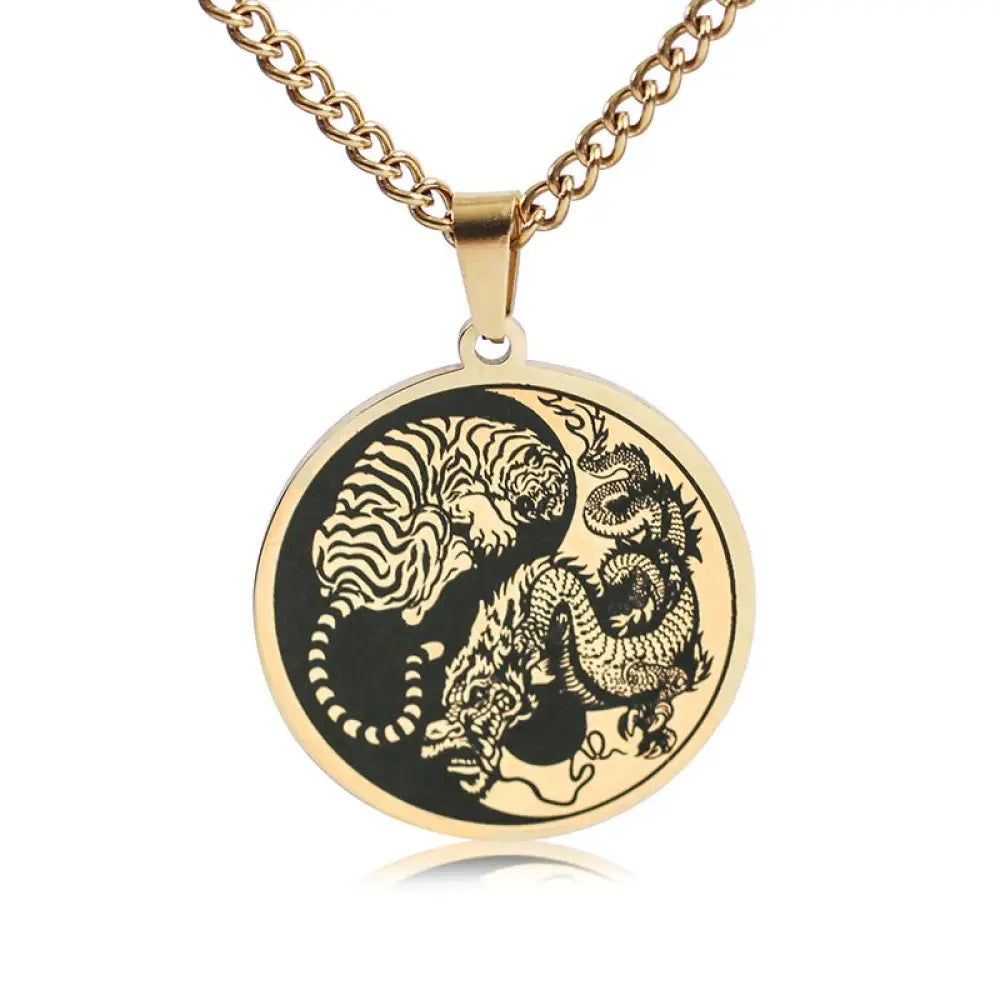 BWOOOH Tiger Dragon Harmony Pendant on a sleek Titanium Steel Chain Necklace (60cm), embodying strength, unity, and spiritual balance for positive energy and calm. - View 7