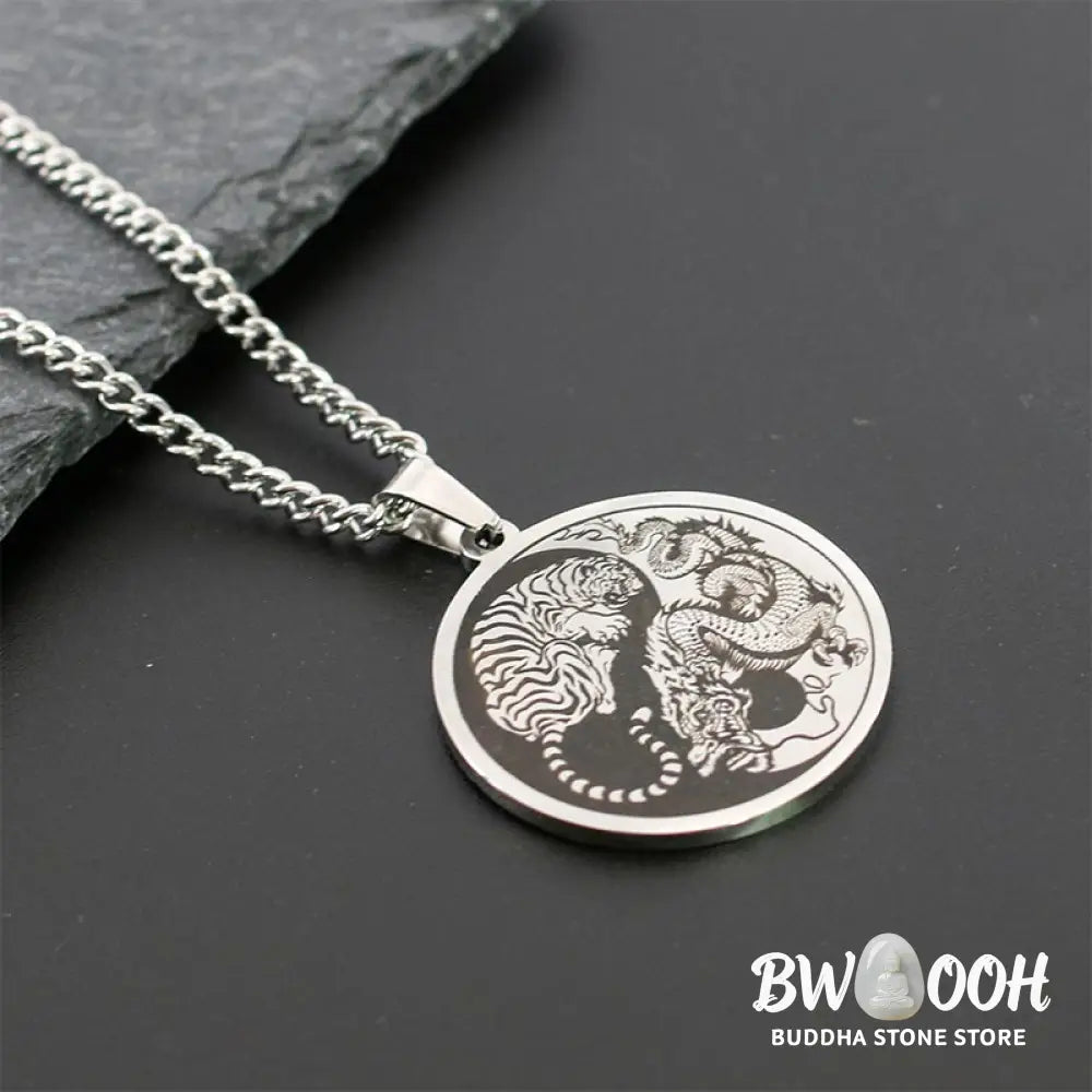 BWOOOH Tiger Dragon Harmony Pendant on a sleek Titanium Steel Chain Necklace (60cm), embodying strength, unity, and spiritual balance for positive energy and calm. - View 6