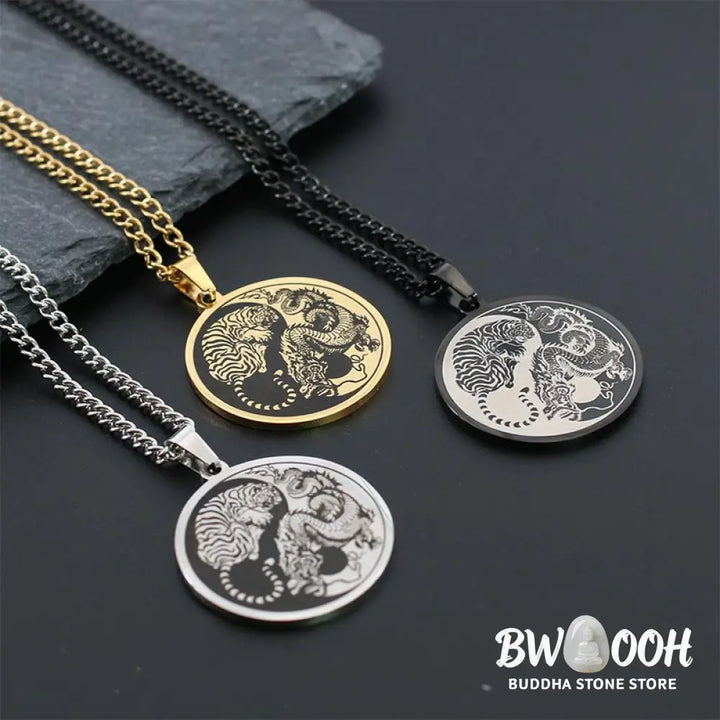 BWOOOH Tiger Dragon Harmony Pendant on a sleek Titanium Steel Chain Necklace (60cm), embodying strength, unity, and spiritual balance for positive energy and calm. - View 2