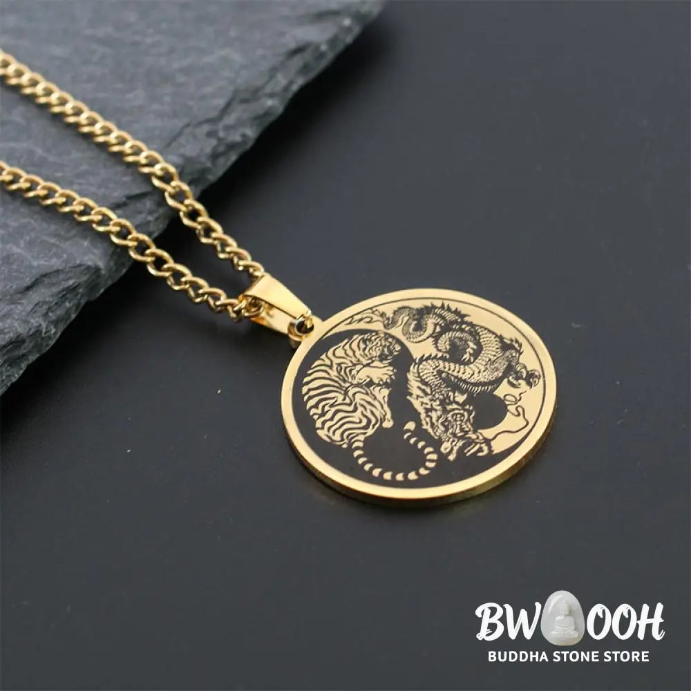 BWOOOH Tiger Dragon Harmony Pendant on a sleek Titanium Steel Chain Necklace (60cm), embodying strength, unity, and spiritual balance for positive energy and calm. - View 8