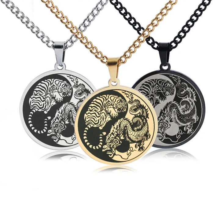 BWOOOH Tiger Dragon Harmony Pendant on a sleek Titanium Steel Chain Necklace (60cm), embodying strength, unity, and spiritual balance for positive energy and calm.