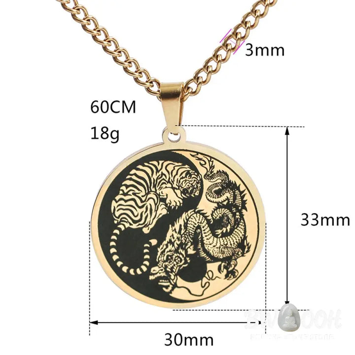 BWOOOH Tiger Dragon Harmony Pendant on a sleek Titanium Steel Chain Necklace (60cm), embodying strength, unity, and spiritual balance for positive energy and calm. - View 9