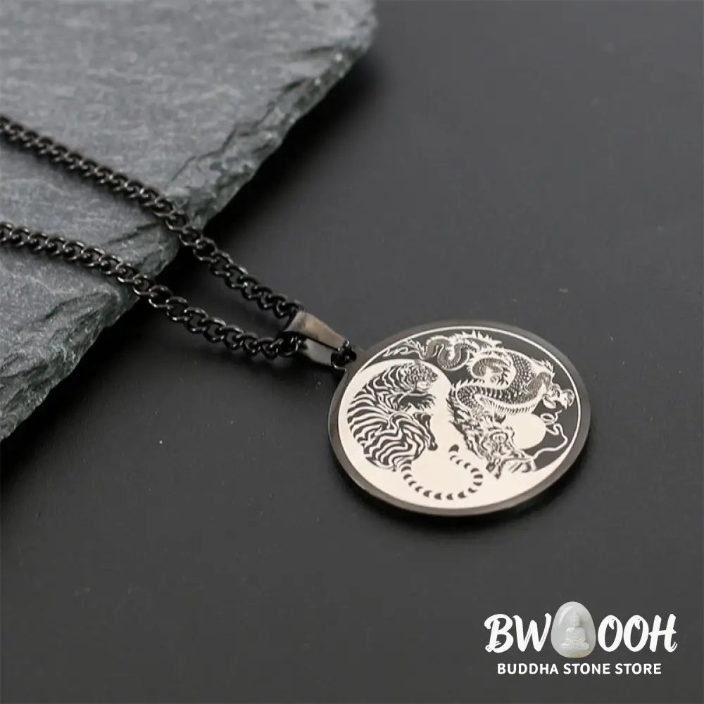 BWOOOH Tiger Dragon Harmony Pendant on a sleek Titanium Steel Chain Necklace (60cm), embodying strength, unity, and spiritual balance for positive energy and calm. - View 4