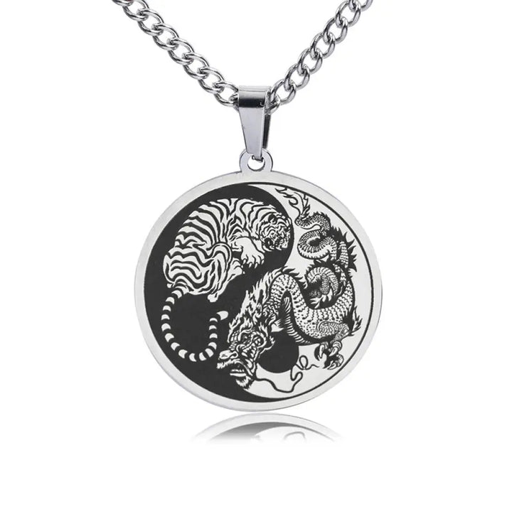 BWOOOH Tiger Dragon Harmony Pendant on a sleek Titanium Steel Chain Necklace (60cm), embodying strength, unity, and spiritual balance for positive energy and calm. - View 5