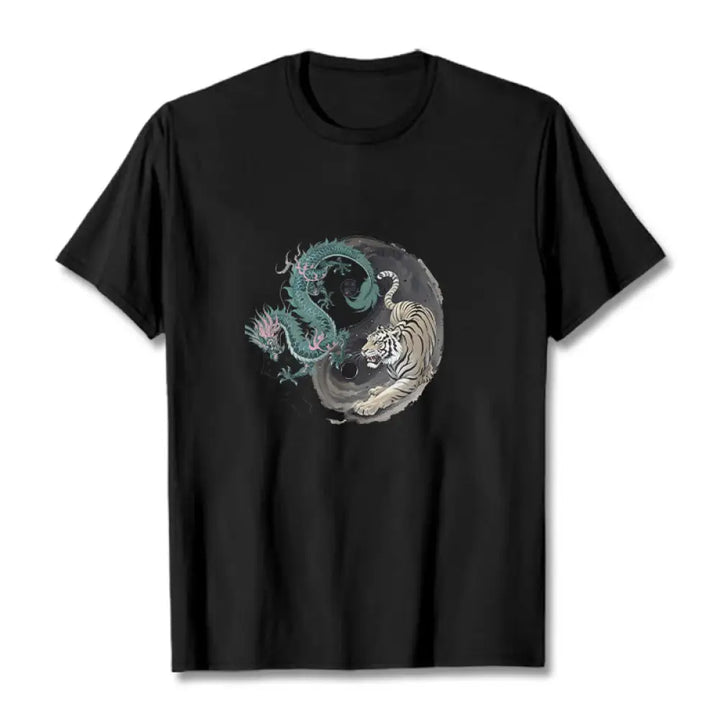 Buddha Stones Tiger Dragon Yin Yang Cotton Tee T-shirt - Black / S - T-Shirts