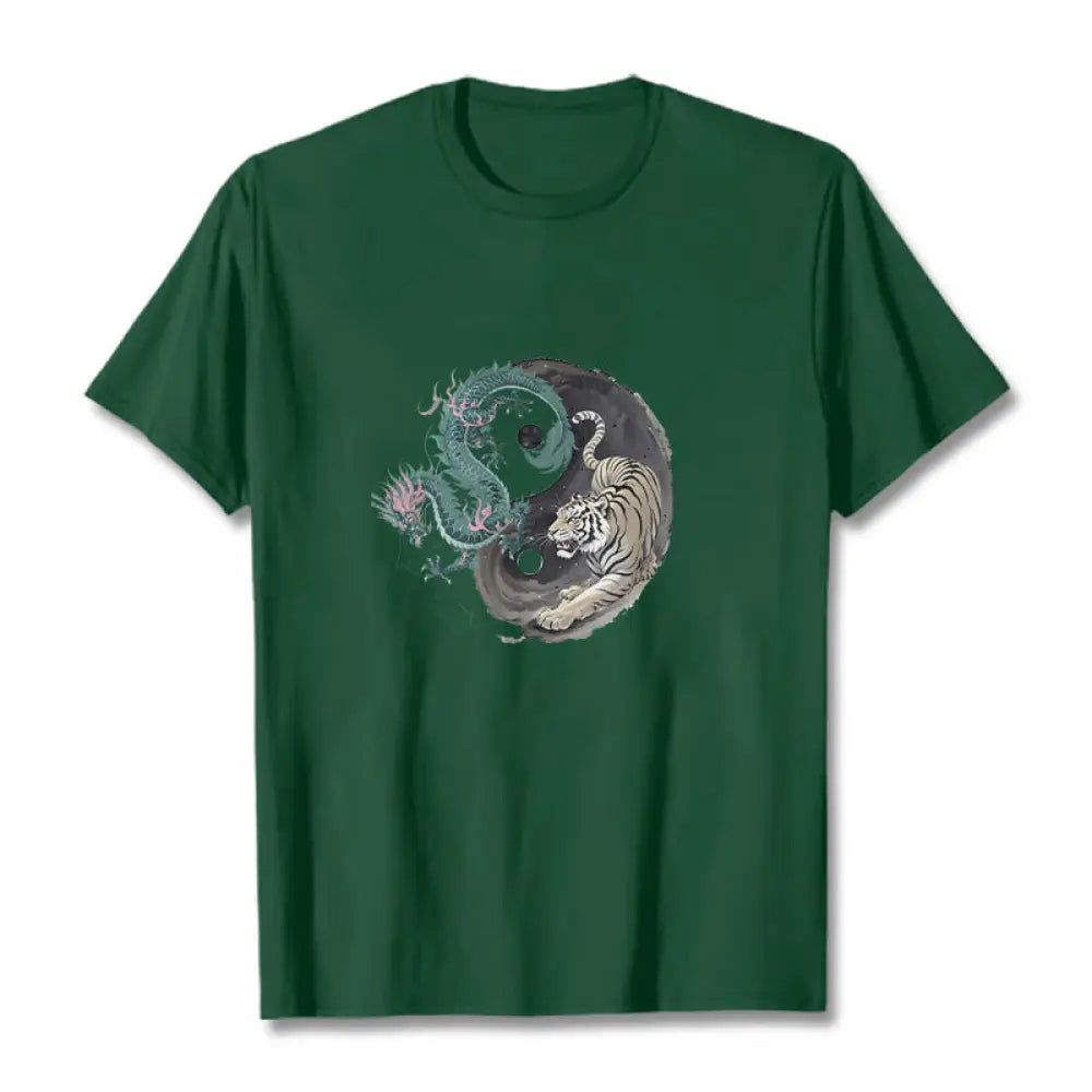 Buddha Stones Tiger Dragon Yin Yang Cotton Tee T-shirt - ForestGreen / S - T-Shirts