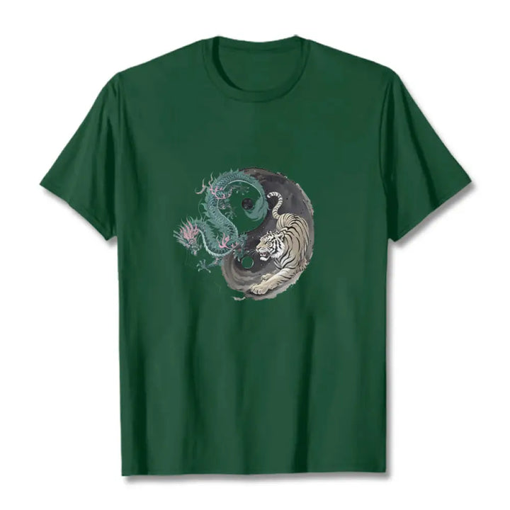 Buddha Stones Tiger Dragon Yin Yang Cotton Tee T-shirt - ForestGreen / S - T-Shirts