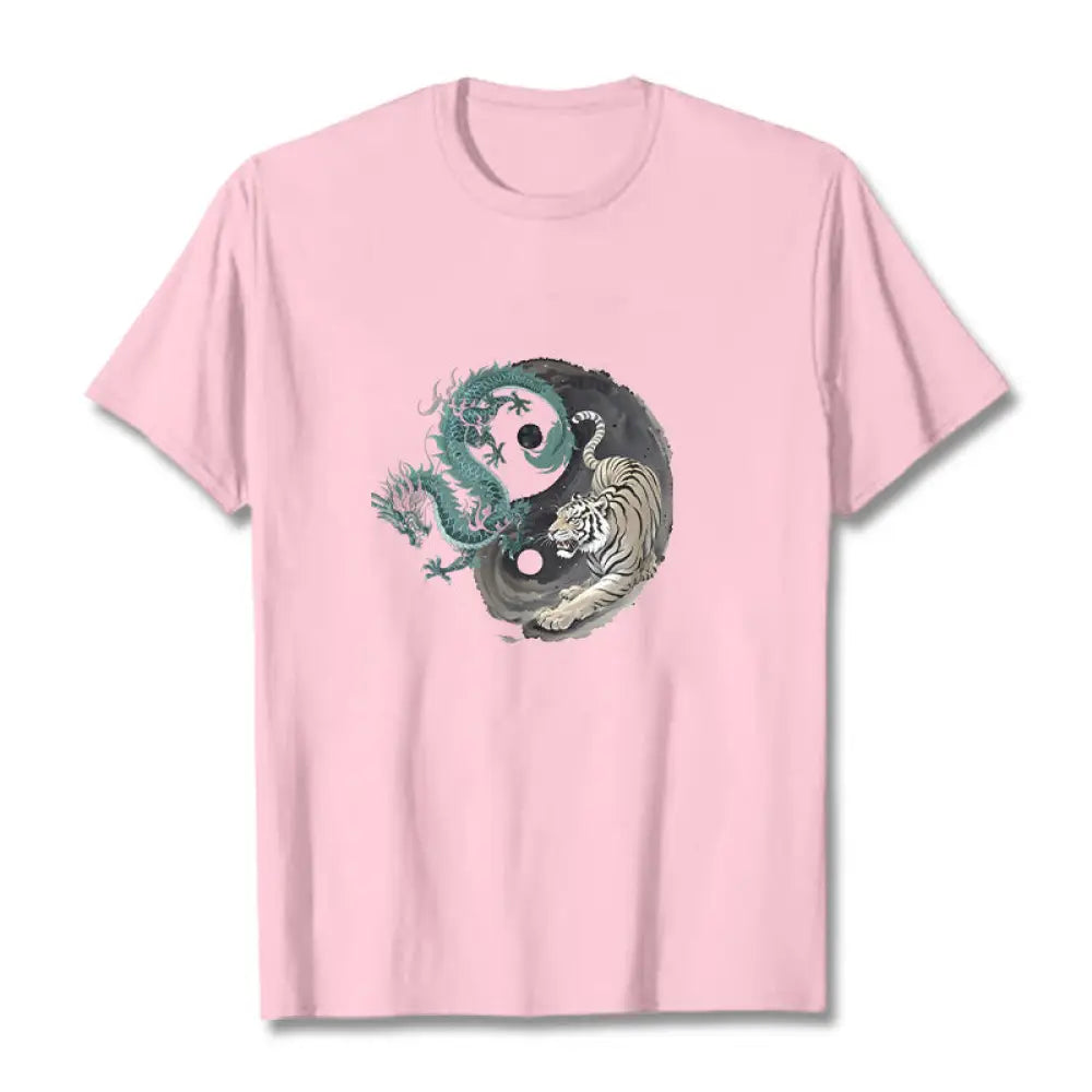 Buddha Stones Tiger Dragon Yin Yang Cotton Tee T-shirt - LightPink / S - T-Shirts