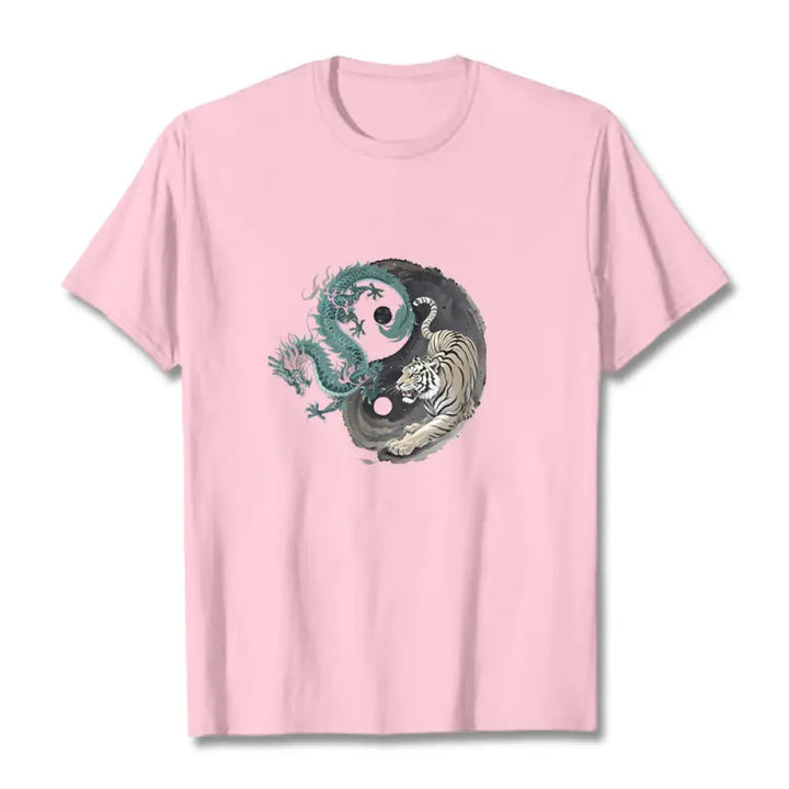 Buddha Stones Tiger Dragon Yin Yang Cotton Tee T-shirt - LightPink / S - T-Shirts