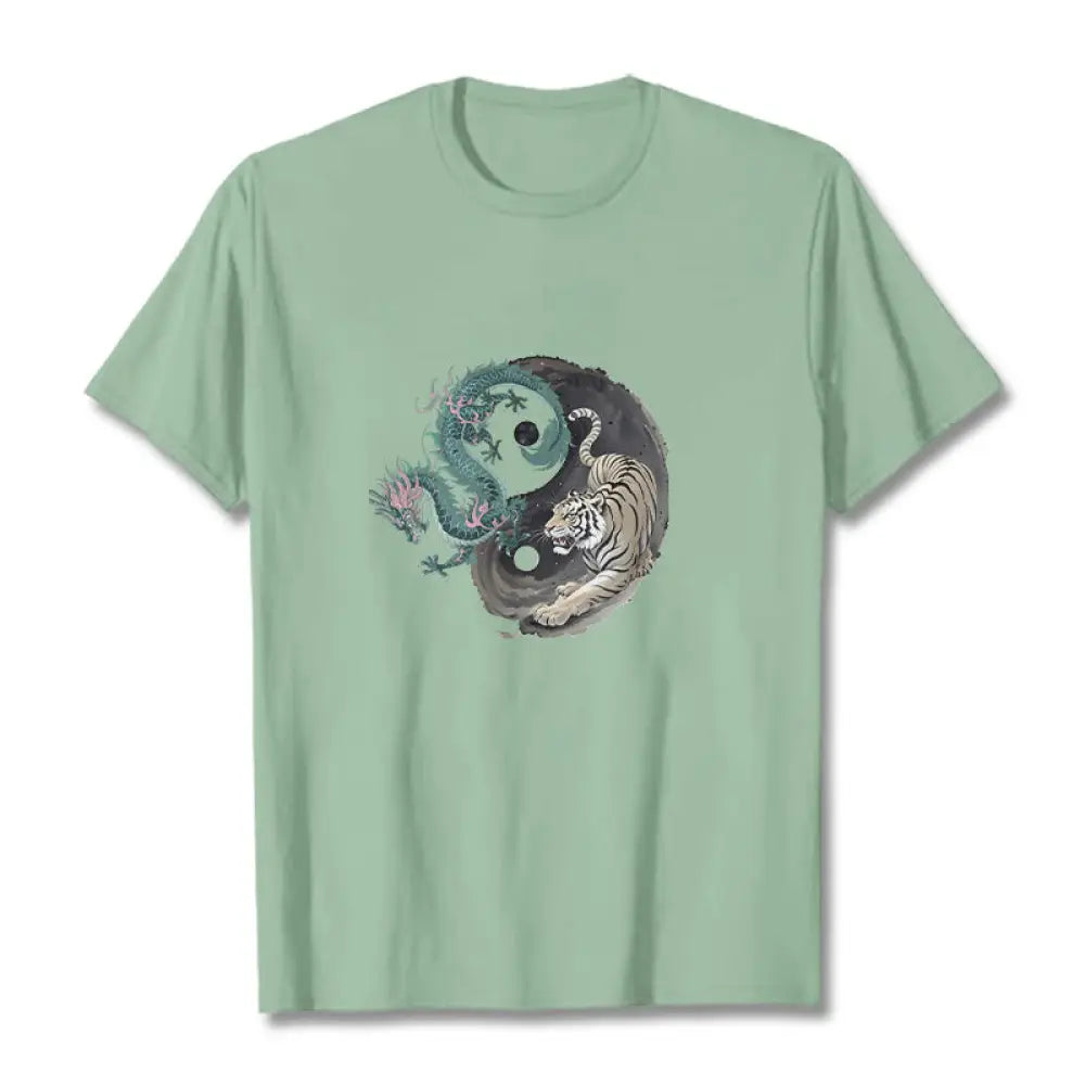 Buddha Stones Tiger Dragon Yin Yang Cotton Tee T-shirt - PaleGreen / S - T-Shirts