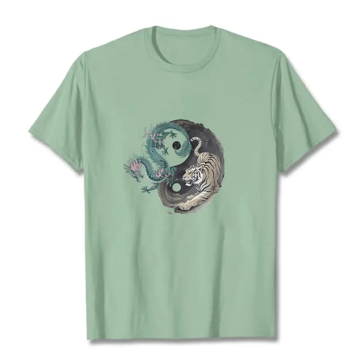 Buddha Stones Tiger Dragon Yin Yang Cotton Tee T-shirt - PaleGreen / S - T-Shirts