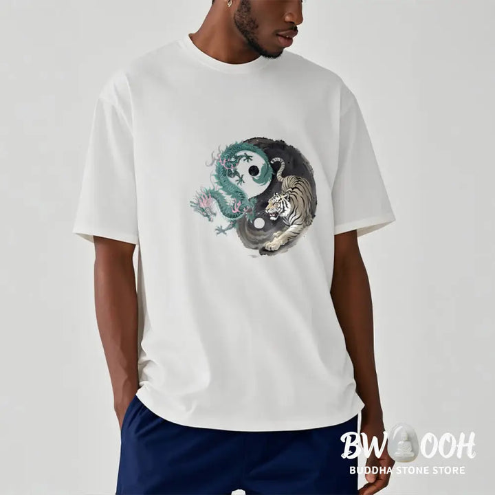 Buddha Stones Tiger Dragon Yin Yang Cotton Tee T-shirt - T-Shirts