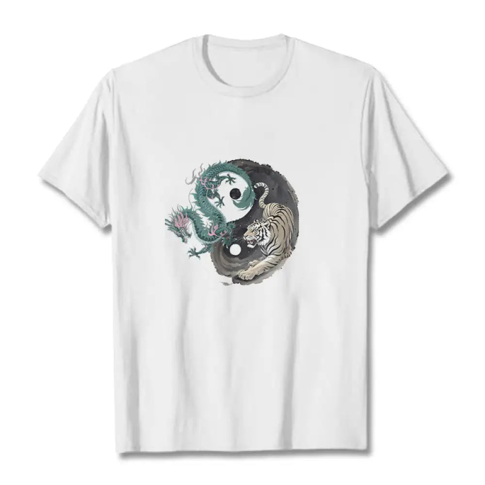 Buddha Stones Tiger Dragon Yin Yang Cotton Tee T-shirt - White / S - T-Shirts