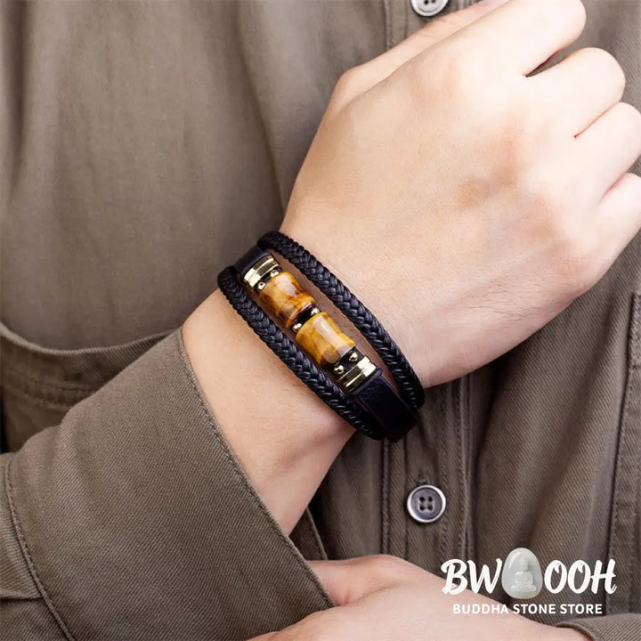 Buddha Stones Tiger Eye Bamboo Stone Integrity Courage Multi-layer Leather Bracelet - BWOOOH - Bracelet