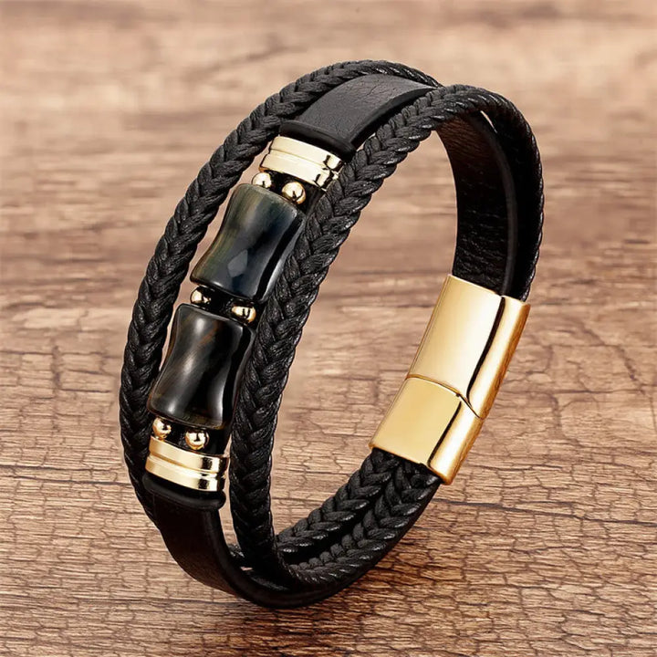 Buddha Stones Tiger Eye Bamboo Stone Integrity Courage Multi-layer Leather Bracelet - BWOOOH - Black-Yellow Tiger Eye