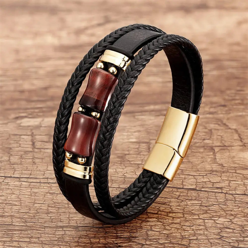 Buddha Stones Tiger Eye Bamboo Stone Integrity Courage Multi-layer Leather Bracelet - BWOOOH - Brown-Red Tiger Eye
