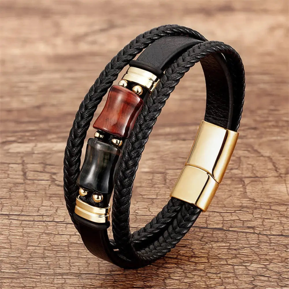 Buddha Stones Tiger Eye Bamboo Stone Integrity Courage Multi-layer Leather Bracelet - BWOOOH - Brown-Red-Black Tiger