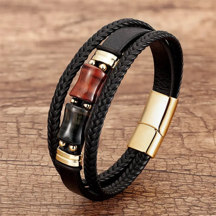 Buddha Stones Tiger Eye Bamboo Stone Integrity Courage Multi-layer Leather Bracelet - BWOOOH - Brown-Red-Black Tiger