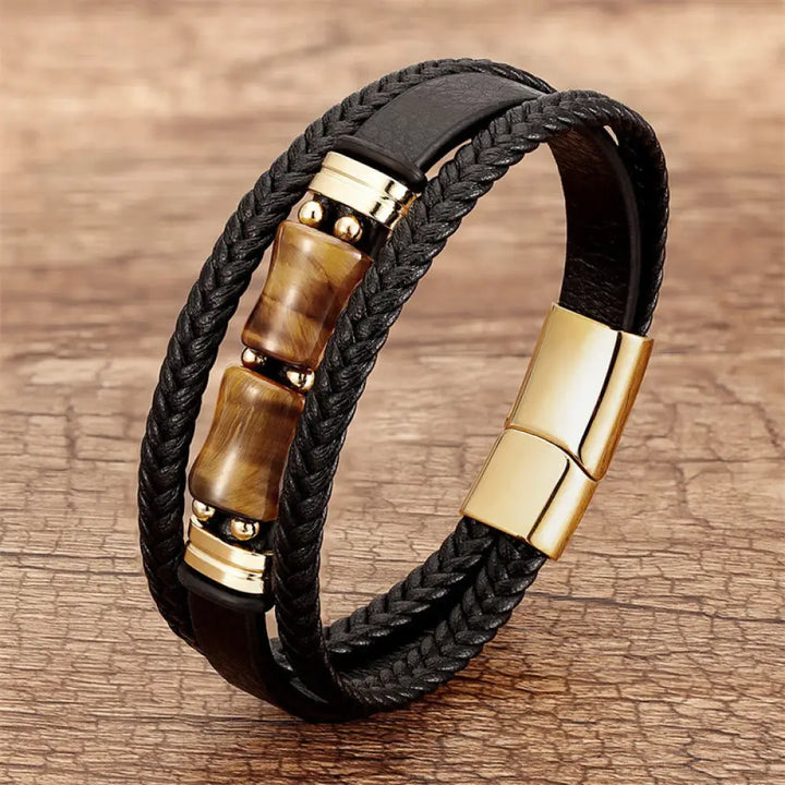 BWOOOH Tiger Eye Bamboo Stone Integrity Courage Multi-layer Leather Bracelet - BWOOOH - Yellow Tiger Eye