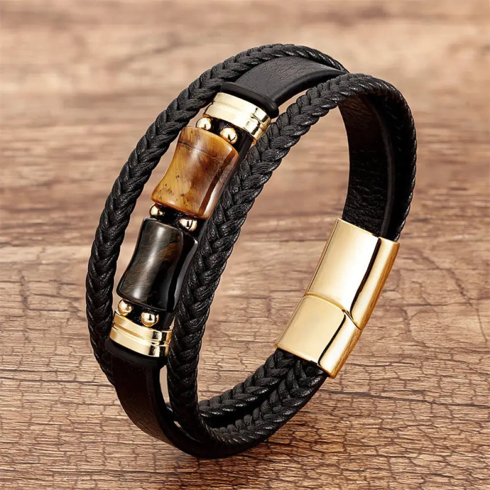 Buddha Stones Tiger Eye Bamboo Stone Integrity Courage Multi-layer Leather Bracelet - BWOOOH - Yellow-Black Tiger Eye