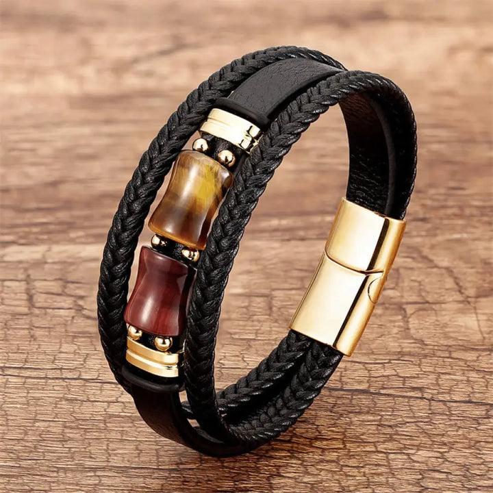 Buddha Stones Tiger Eye Bamboo Stone Integrity Courage Multi-layer Leather Bracelet - BWOOOH - Yellow-Brown-Red Tiger