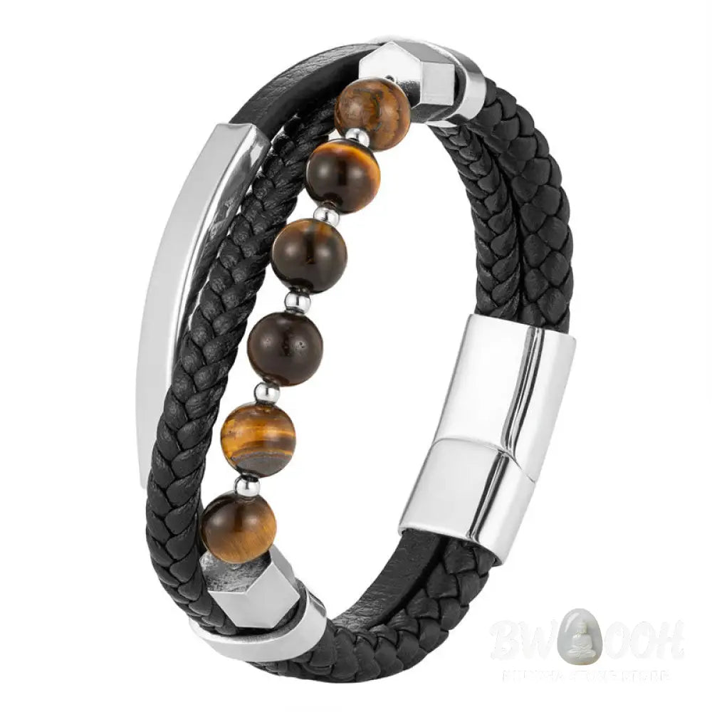 Buddha Stones Tiger Eye Bead Multi-layered Grounding Leather Buckle Bracelet - BWOOOH - Tiger Eye(Wrist Circumference: