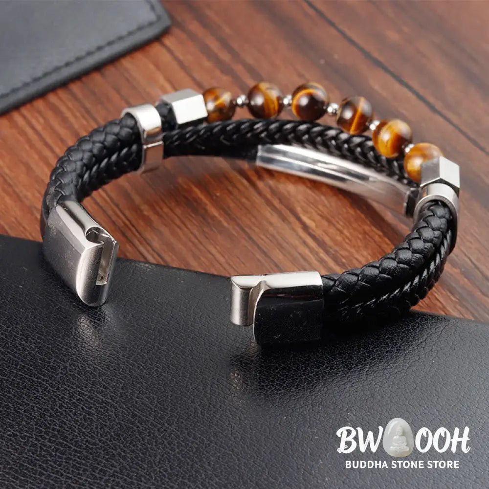 Buddha Stones Tiger Eye Bead Multi-layered Grounding Leather Buckle Bracelet - BWOOOH - Tiger Eye(Wrist Circumference: