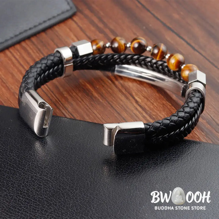 Buddha Stones Tiger Eye Bead Multi-layered Grounding Leather Buckle Bracelet - BWOOOH - Tiger Eye(Wrist Circumference: