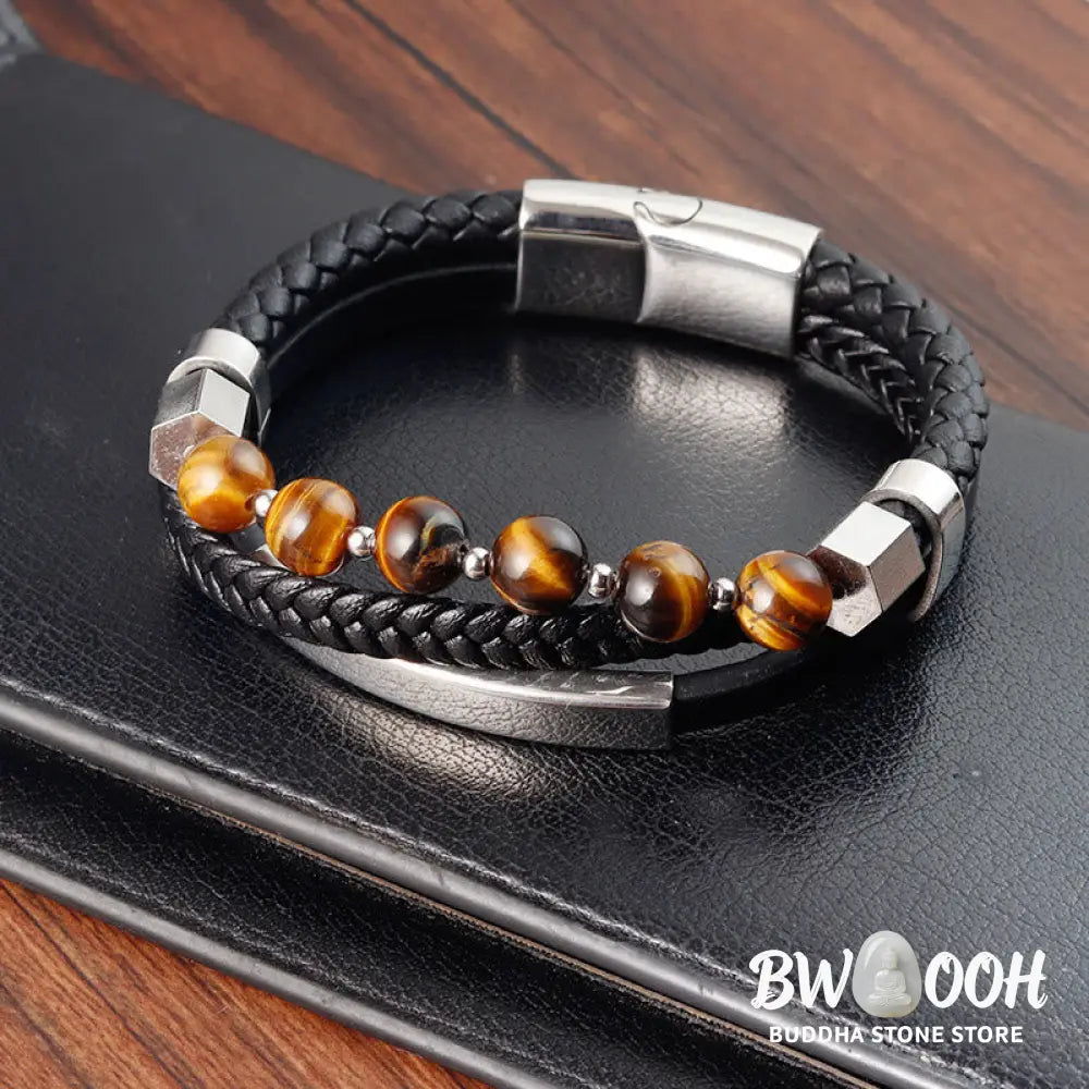Buddha Stones Tiger Eye Bead Multi-layered Grounding Leather Buckle Bracelet - BWOOOH - Tiger Eye(Wrist Circumference: