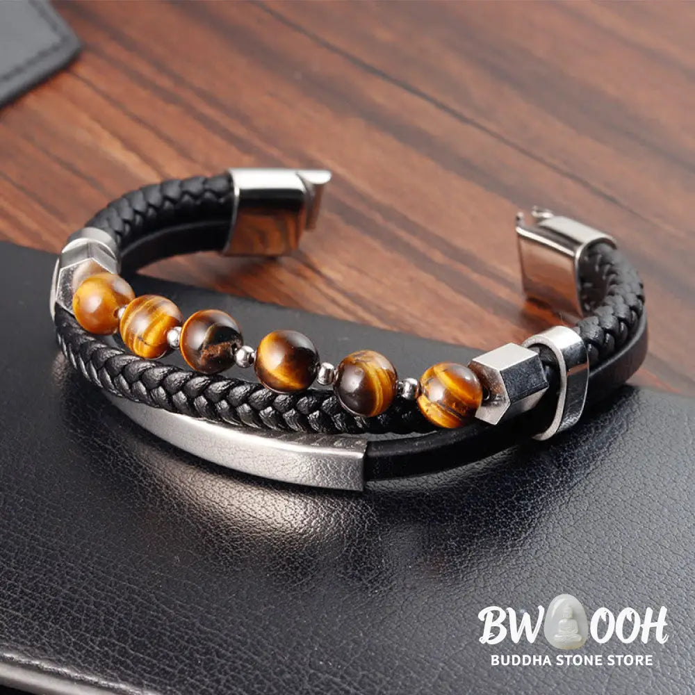 Buddha Stones Tiger Eye Bead Multi-layered Grounding Leather Buckle Bracelet - BWOOOH - Tiger Eye(Wrist Circumference: