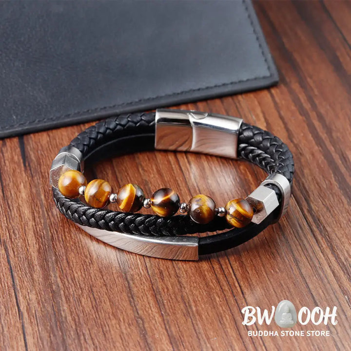 Buddha Stones Tiger Eye Bead Multi-layered Grounding Leather Buckle Bracelet - BWOOOH - Tiger Eye(Wrist Circumference:
