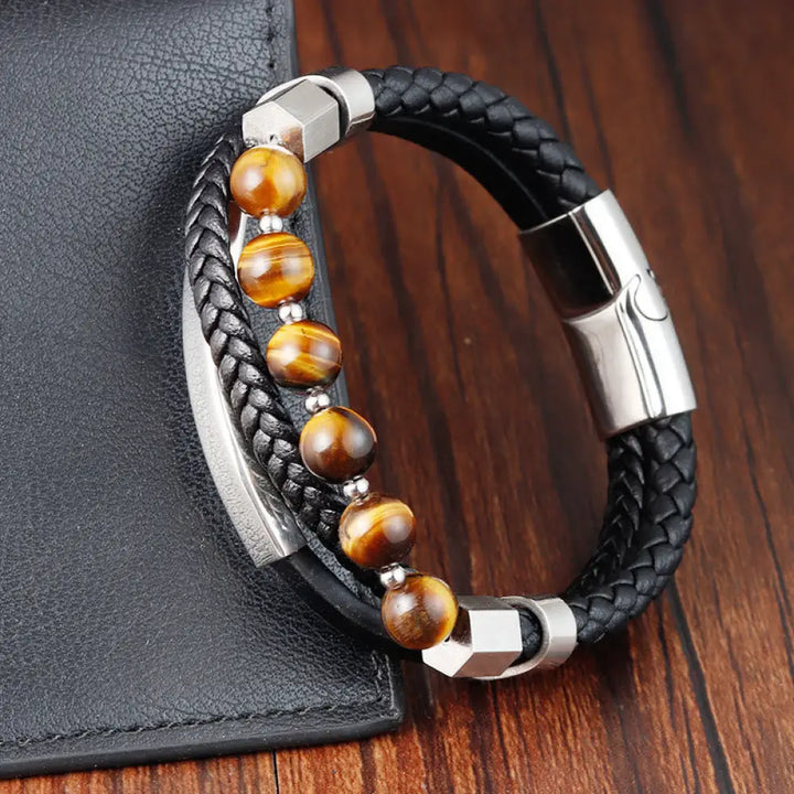 BWOOOH Tiger Eye Bead Multi-layered Grounding Leather Buckle Bracelet - BWOOOH - Tiger Eye(Wrist Circumference: