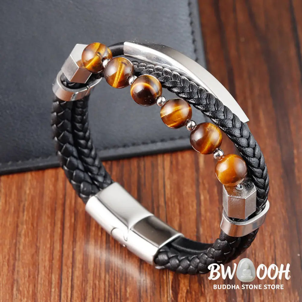Buddha Stones Tiger Eye Bead Multi-layered Grounding Leather Buckle Bracelet - BWOOOH - Tiger Eye(Wrist Circumference: